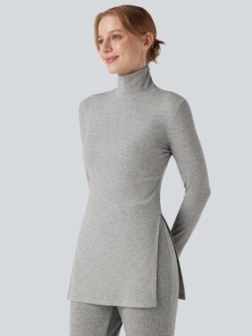 Women's Halara XS Ribbed Knit High Neck Long Sleeve Casual T-Shirt